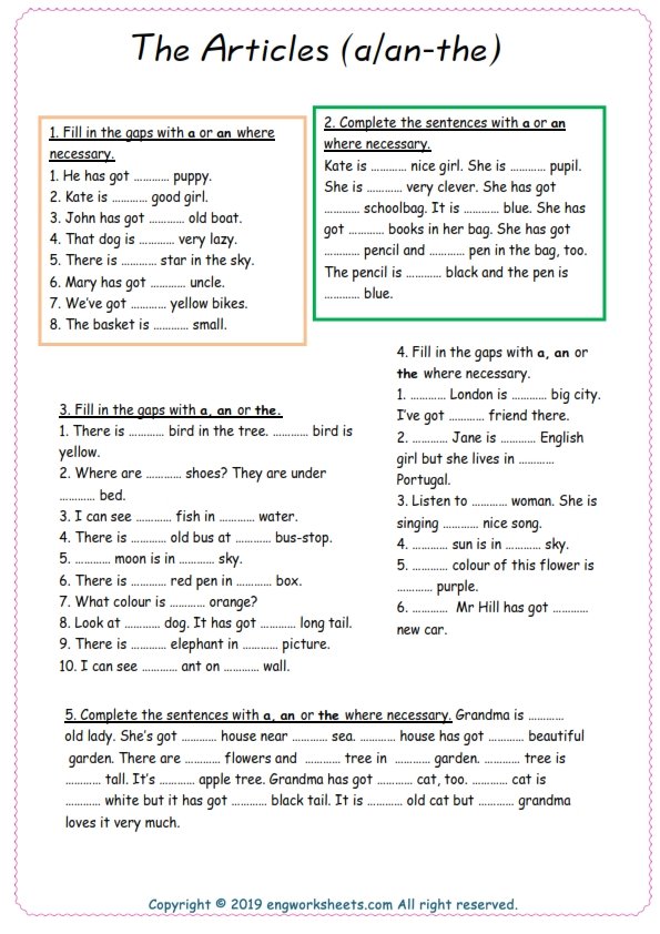 Articles Exercises, Free Printable Articles ESL Worksheets